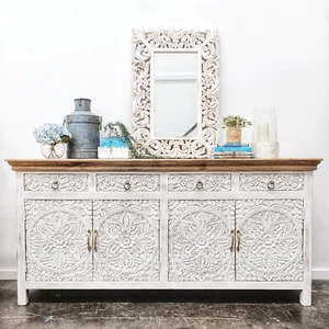 Indian Hand Carved Mandala White Buffet Storage Natural Timber Top Sideboard - Picture 1 of 9