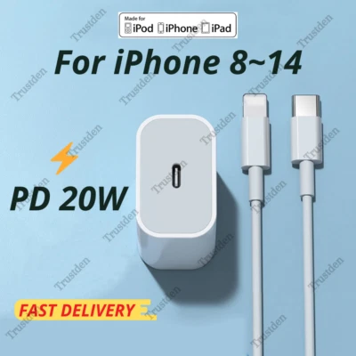 For iPhone 14 13 12 11 X XR 8 20W Power Adapter Cube USB C Fast Charger PD Cable - Image 1 of 4