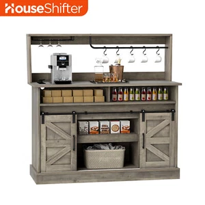 Cabinet Bar Storage Buffet Server with Multiple Shelves & Glass Holder Farmhouse - Picture 1 of 11