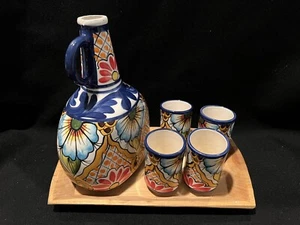 KERAMIK ENTSAFTER KRUG MIT 4 TASSEN HANDBEMALT VON EL SALVADOR C.A. - Bild 1 von 6