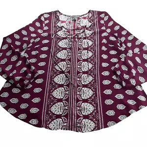 Kate & Mallory Women's Peasant Blouse Size Medium Purple White Paisley Lace-Up - Picture 1 of 7