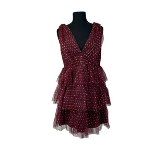 Lulus Forever Sparkling Burgundy Dotted Mesh Tiered Mini Dress XL Neu mit Etikett - Bild 1 von 11