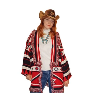 Aztec Red and Black  Tapestry Fringe Blanket Jacket - Picture 1 of 5