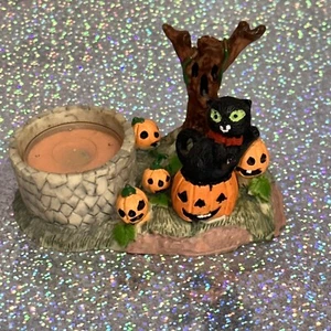 Vintage Halloween Spooky Black Cat Pumpkin Tree Candle Holder Decor 3" X 4.5" - Picture 1 of 8