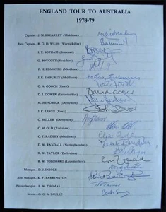 ENGLAND TO AUSTRALIA 1978-79 ASHES OFFICIAL CRICKET AUTOGRAPH TEAM SHEET - Picture 1 of 2