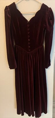 Laura Ashley VTG Burgundy Velvet Drop Waist Long Dress Scalloped Neckline Size 6 - Image 1 of 4