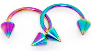 14g 3/8" Rainbow Titanium Spikes Horseshoe Eyebrow Lip Septum Tragus Piercing - Picture 1 of 2