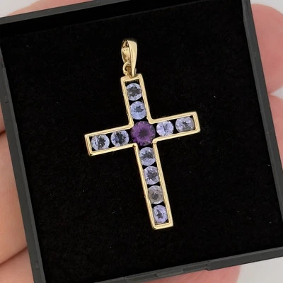 9ct Yellow Gold Amethyst & Iolite Cluster Cross Pendant Hallmarked - Image 1 of 4