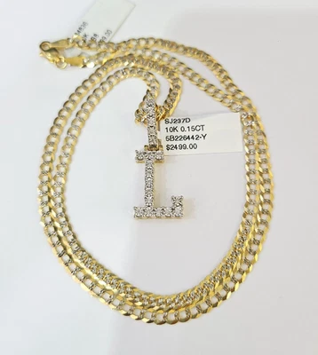 Conjunto de collar de cadena de oro de 10k L diamante inicial colgante bordillo cubano 3 mm 20"-30" Foto 1 de 4