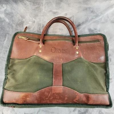 Orvis Battenkill Laptop Bag Briefcase Green Canvas Burgundy Leather - Image 1 of 4