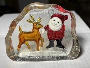 Vintage Christmas Paperweight Clear Glass Crystal Heavy Santa Reindeer - Picture 1 of 8
