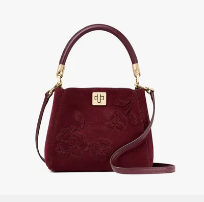 Bolso KATE SPADE Phoebe Gamuza Apliques Florales Pequeño Mango Superior Merlot Oscuro Foto 1 de 4
