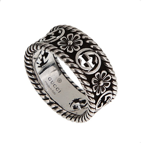 Anello Gucci in argento sterling ad incastro con fiori G misura 6 1 2