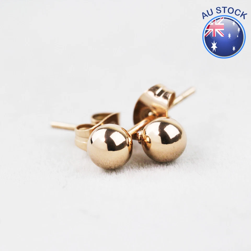 New 18K Rose Gold GF 5MM Solid Simple Round Ball Beads Stud Earrings Stunning - Image 1 of 4