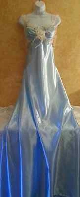Powder Blue Vintage Style Empire Waist Babydoll Sheath Satin Wedding Bridal Gown - Image 1 of 4