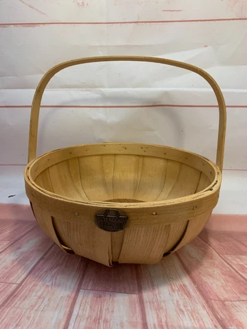 Peterboro Basket Company Round Fruit Bowl, Brass Tag, Handle - see small tear! Cover