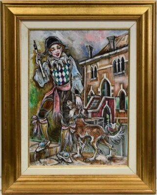 Huile sur toile de claude DUMONT ' l'arlequin et son fidèle compagnon" - Photo 1/2