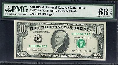 TOUGH NOTE. $10 1988A Dallas FRN. Fr. 2028-K. KA Block. PMG 66 EPQ. RARE - Image 1 of 2