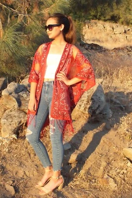 Bandana paisley transparente medalhão tecido burnout vermelho quimono top tamanho único pequeno - Imagem 1 de 4