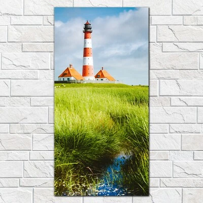 Glasbilder Wandbild Deutscher Leuchtturm Gras Wasser Wolken Natur 50x100 - Bild 1 von 4