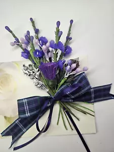 Scottish Thistle & Heather BROOCH buttonhole.Corsage Tartan Bannockburn ribbon. - Picture 1 of 10