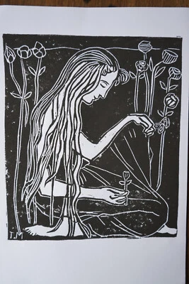 Kunstdruck Linolschnitt Frau Unikat Mystik Blick Blumen Natur Liebe Garten Bild - Bild 1 von 4