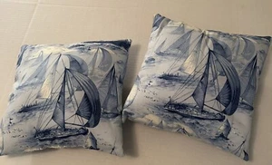 2 Nautical Blue Sailing Ship Accent Pillows Handmade 12" Square - Picture 1 of 6