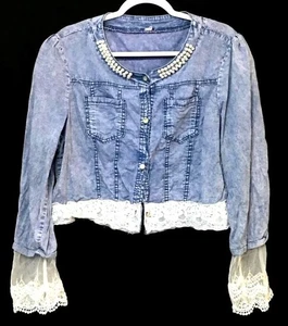 Women's 5XL top blue denim lace trim button down embellished long sleeve - Picture 1 of 6