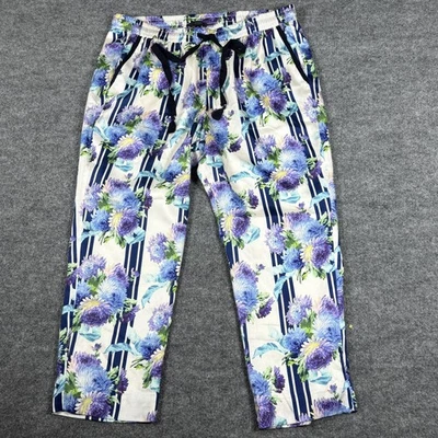 Pantalones J Crew 16 Azul Púrpura Floral Rayas Reimaginados Cintura Elástica Ligeros Foto 1 de 4