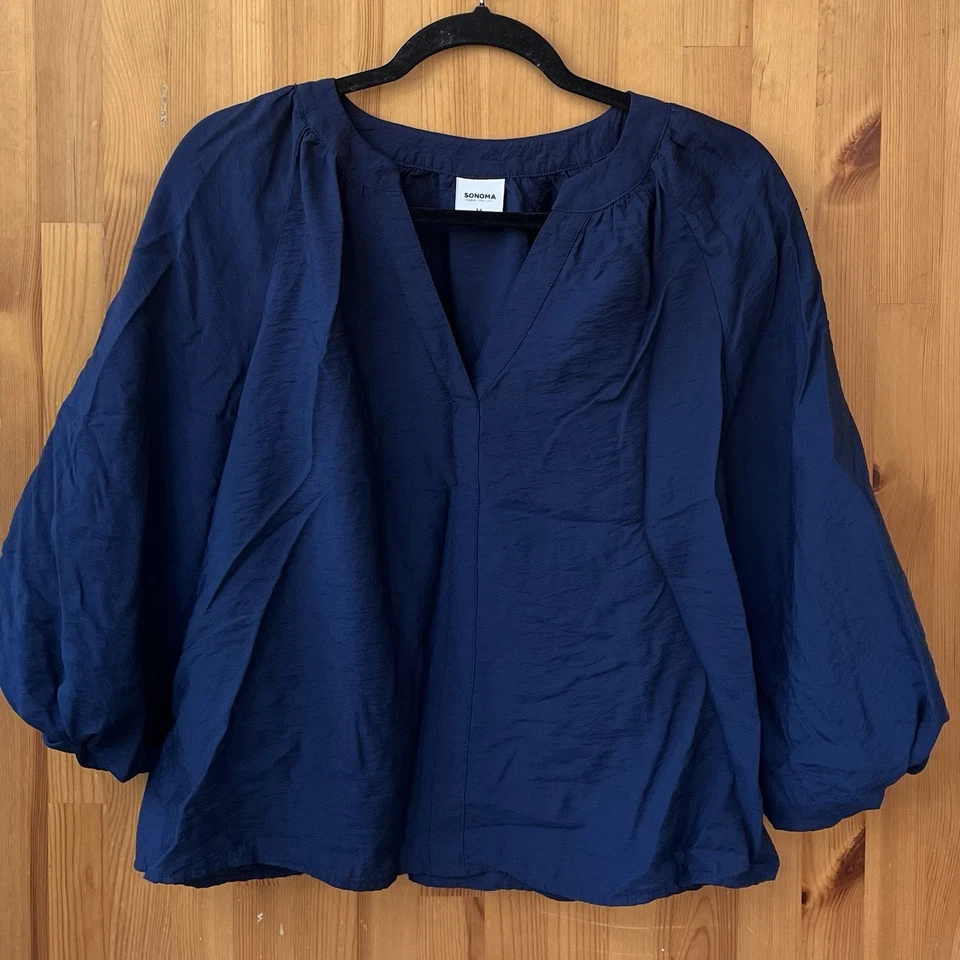 Blusa Sonoma Feminina Azul Escuro Manga 3/4 Manga Folhada Decote V - Tamanho M - Imagem 1 de 3