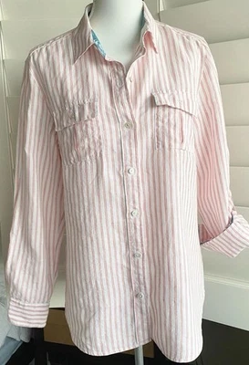 Camisa Tommy Bahama 100% linho M rosa listra branca botão bolso frontal aba rolo - Imagem 1 de 4
