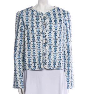 Caroline Constas Quilted Floral blazer Jacket Size XS Blue White Linen Blend - Picture 1 of 12