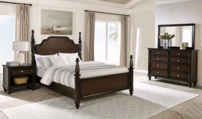 4 PC SERPENTINE  FOUR 4 POSTER KING BED NS DRESSER MIRROR BEDROOM FURNITURE SET - Image 1 of 4