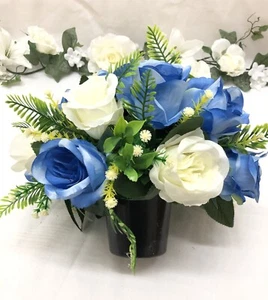 Artificial Silk Flower Grave Pot with Large Roses in Blues and Ivory & greenery - Picture 1 of 3