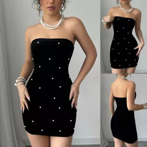 Stretch Boob Tube Mini Dress Ladies Pearls Velvet Bodycon Dresses Party Backless - Picture 1 of 14