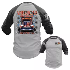T-shirt raglan manica 3/4 AMERICA’S HIGHWAY FLAG TRUCK ROUTE 66 - Foto 1 di 10
