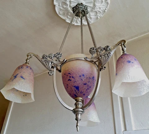 Schneider Chandelier Art Nouveau glass and nickel-plated bronze floral motif Cover
