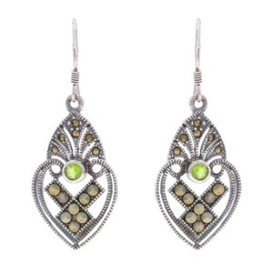 Sterling Peridot Marcasite Fan Heart Dangle Earrings - 925 Love Milgrain Pierced - Picture 1 of 7