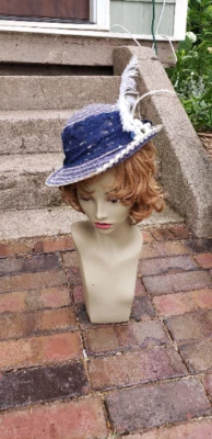Girls womens vintage hat bonnet flowers feathers Easter Victorian blue white - Image 1 of 4
