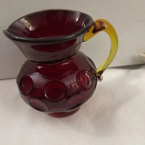 Vintage Ruby Red & Yellow Amberina Inverted Thumbprint Art Glass Pitcher - Picture 1 of 10