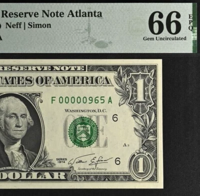 1974 $1 Federal Reserve Note PMG 66EPQ fancy low serial number 00000965 - Image 1 of 3