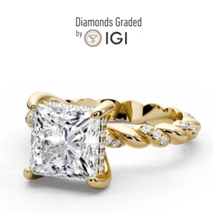 IGI Cert 3.40 Ct F VS1 Princess Cut Lab Diamond Engagement Ring 18K Yellow Gold - Picture 1 of 10