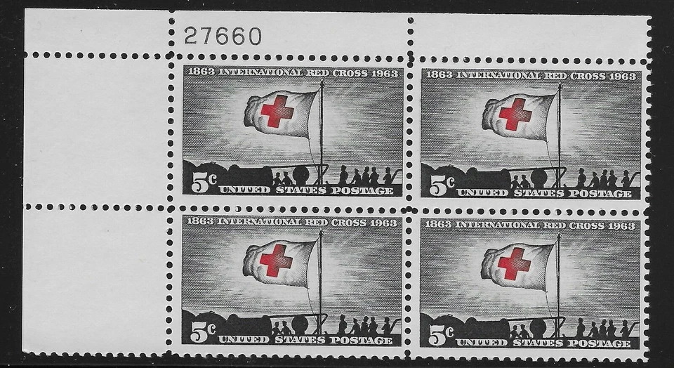 1963 Int'l Red Cross Plate Block Of 4 5c Postage Stamps, Sc# 1239, MNH, OG - Image 1 of 1