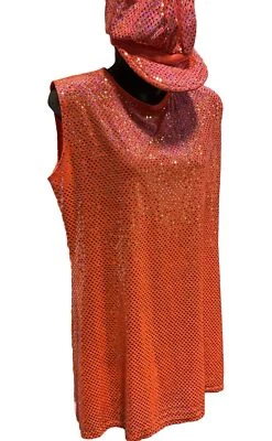 Vestido y sombrero discoteca años 70 naranja, lentejuelas plateadas, 14  Foto 1 de 4