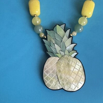 Lee Sands Inlay MOP Pineapple Pendant Gemstone Stone Beaded Necklace - Image 1 of 4