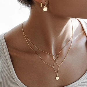 Woman 18K Gold Plated Stainless Steel 2 Layers Choker Chain Necklace - Picture 1 of 5