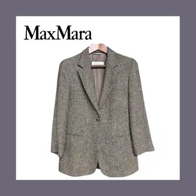 Max Mara Tweed Manga Tres Cuartos Espiga Chaqueta Blusa Mujer 42 Marrón Foto 1 de 4