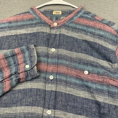 Hollister Shirt Mens Large Blue Teal Stripe Linen Blend Band Collar Long Sleeve - Image 1 of 4
