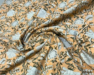 Victorian Floral Duck Cotton Hand Block Print Upholstery Fabric 59" Wide – Peach - Picture 1 of 9