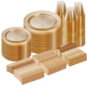 600 Piece Gold Glitter Disposable Plates for 100 Guests, Plastic Plates for P... - Picture 1 of 6